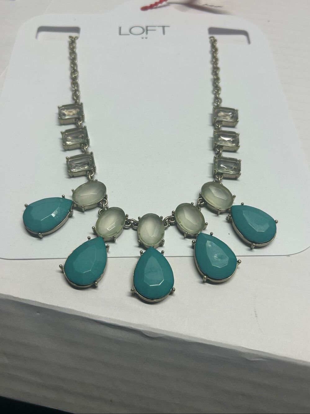 LOFT Teal Blue Clear Stone Teardrop Statement Necklace NWT Gold Tone Chain